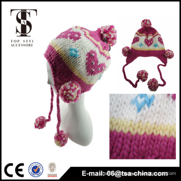 Forme o chapéu do coração do jacquard do gorro do beanie da menina com pom do pom